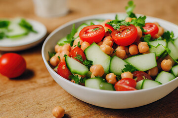 Bowl of chickpea salad with tomatoes and cucumbers created with Generative AI technology