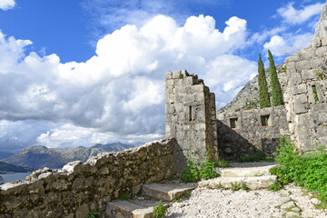 stone carved stairs to the upper part of the San Giovani Fortress walls above the old adriatic town of Kotor, Montenegro