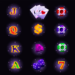 Casino slot game icons on background, RPG UI winner badge kit, casino slot gambling machine objects. Vegas shiny UI design elements, lemon, strawberry, bar