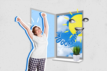 Collage 3d artwork image picture poster of positive happy girl enjoy sunny weather outside isolated...