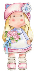 Watercolor hand drawn cute doll Tilda in dress.Hand drawn watercolor illustration isolated on white.Designf for baby shower party, birthday,cake, holiday celebration design. greetings card,invitation.