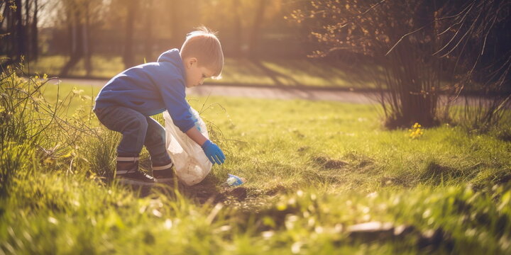 Children picking up trash at the park for Earth Day .Generative AI