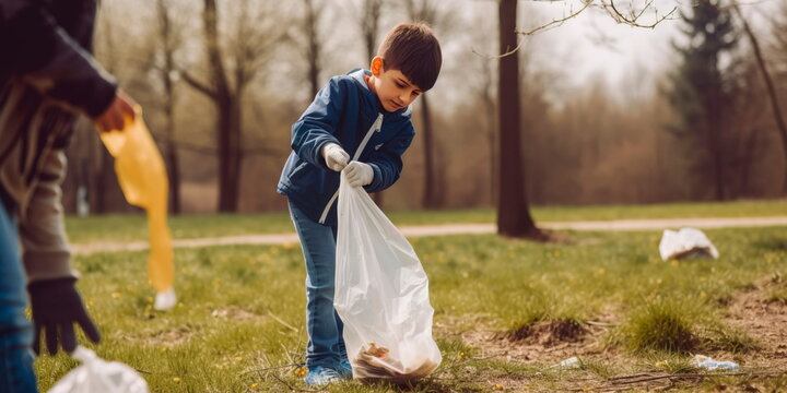 Children picking up trash at the park for Earth Day .Generative AI