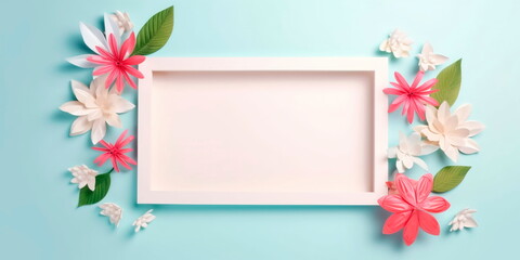Spring minimal concept. Nature background. Flowers and white frame. Generative AI