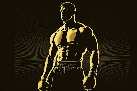 illustration, boxer with golden silhouette, ai generative