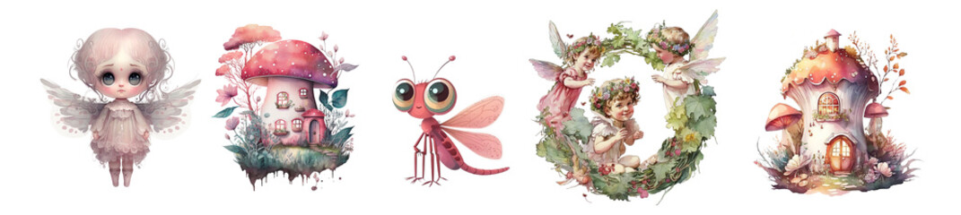 Fairy tale watercolor illustrations - magic fairies and fabulous mushroom houses. Generative AI.