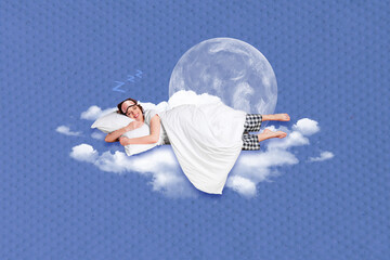 Creative photo collage image picture artwork of dreamy cute girl lying falling asleep comfy place...