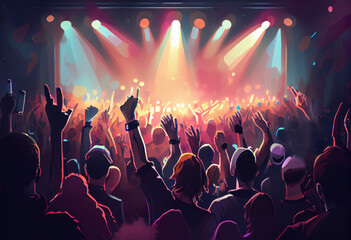 Fototapeta na wymiar Crowd raising their hands at music concert. Audience enjoying rock, dance, edm and club festival party. Cartoon painting illustration. Generative AI