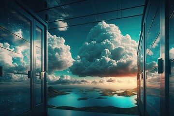 Server room with a lovely view of the sky. Generative AI