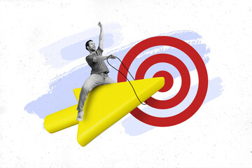 Creative collage image of excited mini black white colors guy sit fly huge arrow pointer darts board target