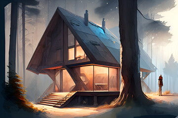 Wooden house in the forest at night. Digital painting illustration.Architect, wood, deep wood.