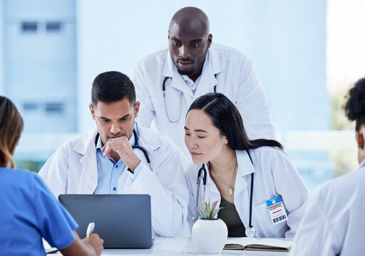 Healthcare, doctors and thinking on laptop for teamwork analysis, test results and medicine research. Diversity, medical group and computer planning for information, hospital collaboration and review