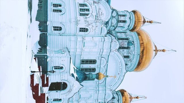 Belogorsky St. Nicholas Orthodox Missionary Monastery. Russia, Perm Krai, Belaya Gora. The temple on the hill in winter. Monastery on the background of snow. 4K