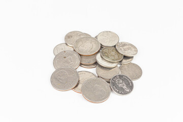 Coins of Thailand on white background, money and business concept.