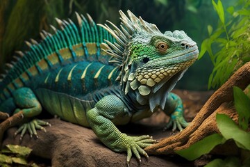 Obraz premium Native to tropical regions of Mexico, Central America, South America, and the Caribbean, iguanas are a genus of herbivorous lizards. Generative AI