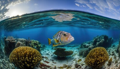 Snorkelling at HP reef. Amazing paradise islands of Maldives. Generative AI