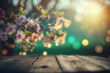 Naklejka na ściany i meble Spring flowers on wooden bokeh background