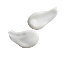 Samples of facial cream on white background, top view