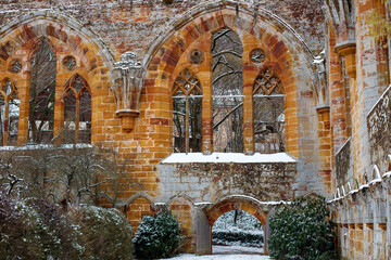 Old Abandoned Red Stone Church Wall in Winter