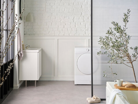 White bathroom, washing and dry machine, brick wall and transparent screen, cabinet sink and mirror, plant.