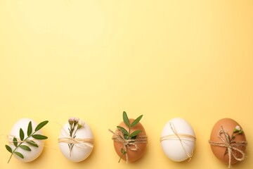 Festively decorated chicken eggs on yellow background, flat lay with space for text. Happy Easter