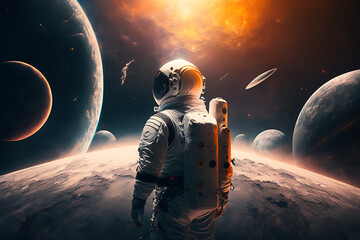 Obraz na płótnie Canvas Astronaut standing between planets in space, generative AI