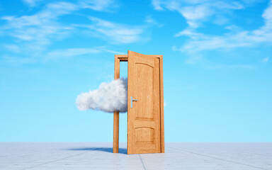 Cloud comes out the open door. Creative mind and escape concept.