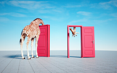 Giraffe enters a door and comes out of another.