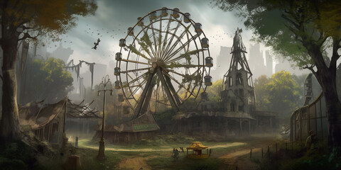 観覧車のある遊園地の廃墟_Ruins of an amusement park with a Ferris wheel_generative ai