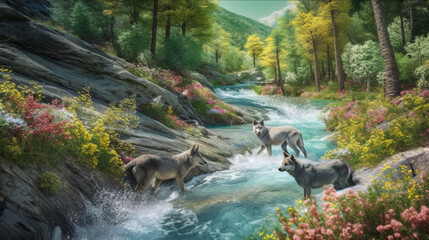 Mural of wolves on the mountains with stream , generative AI