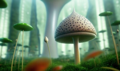  a group of mushrooms in a forest with trees in the background.  generative ai