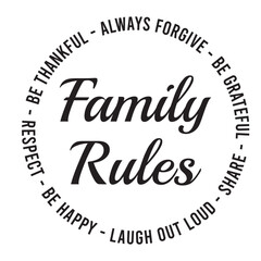 family rules, be thankful, always forgive, be grateful, share, laugh out loud, be happy, respect, be thankful, inspirational quote, motivational quotes, illustration lettering quotes