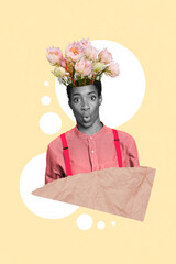 Creative surreal magazine poster collage of amazed boyfriend girlfriend with head floral flowers...
