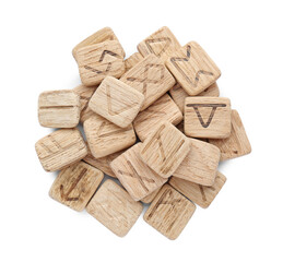 Pile of wooden runes isolated on white, top view