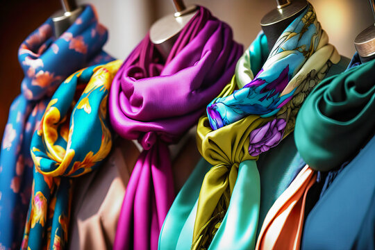 Fashionable silk scarves with floral pattern on display dummy in shop or store. Generative AI.
