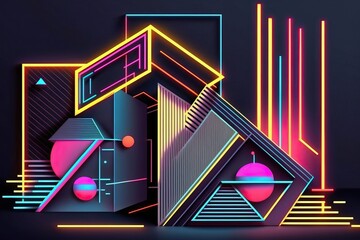 Geometric shape and line with neon colors (Ai generated)