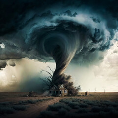 An image of house in the middle of tornado. Generative AI.