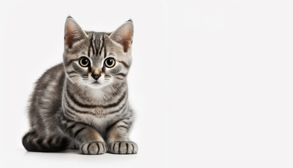 Gray and white striped kitten sitting on white background. Generative AI.