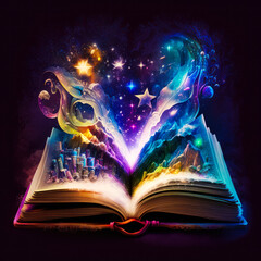 An open book with stars and magic in the shape of heart. Generative AI.