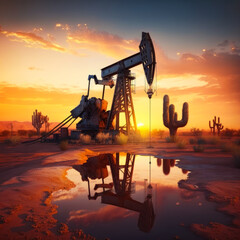 An oil pump in the desert at sunset. Generative AI.