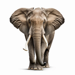 Fototapeta na wymiar An elephant with tusks walking on white background. Generative AI.