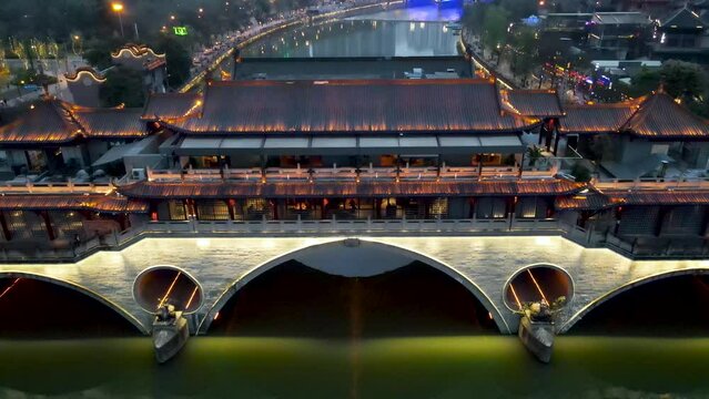 Beautiful Anshun Bridge City Lights at Night in Chengdu, China - Cinematic Aerial