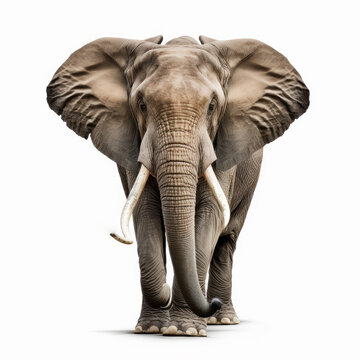 An elephant with tusks walking on white background. Generative AI.
