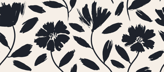 flowers hand drawn seamless pattern. ink brush texture.
