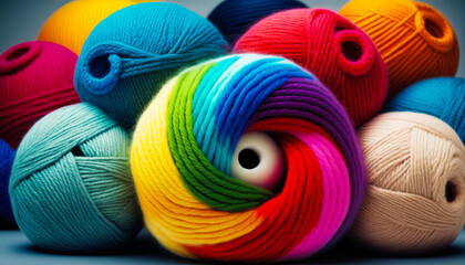 Colorful balls of yarn on gray background. Generative AI.