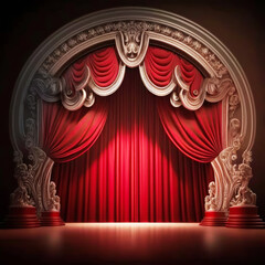 An image of stage with red curtains. Generative AI.