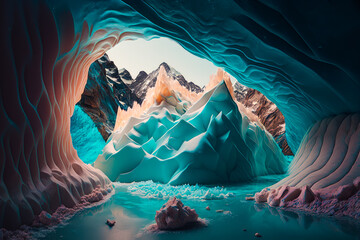 An image of an ice cave with mountains in the background. Generative AI.