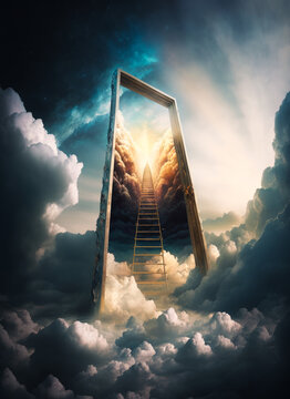 An open door to heaven in the clouds. Generative AI.