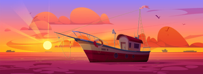 Fish trawler boat in sea vector marine background. Commercial fishery ship with lifebuoy in ocean water cartoon vector illustration. Adventure game for catching fish, early evening with orange sunset