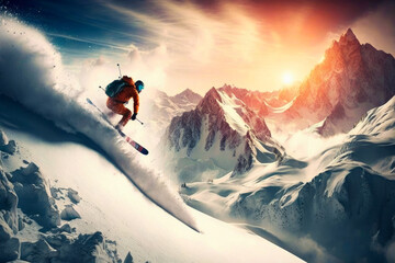 Naklejka na ściany i meble Person skiing down snowy mountain at sunset. Generative AI.